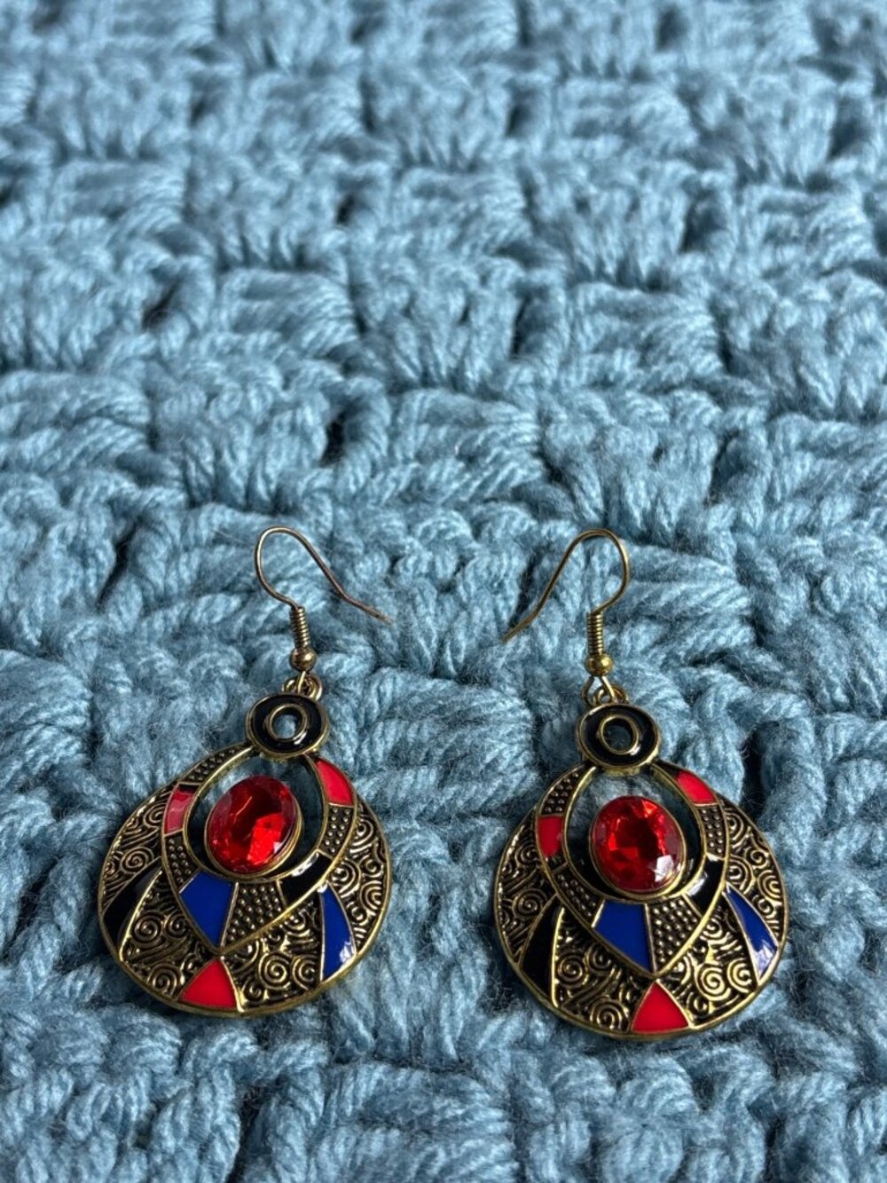 Goldtone Red Rhinestone Red Black Blue Enamel Dangle Earrings Boho Festival